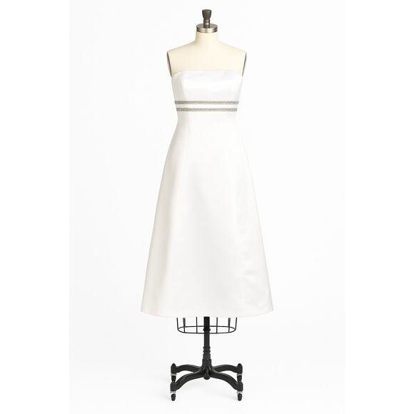 Jessica McClintock White Satin Strapless Rhinestone A-Line Midi Bridal Dress 10 - Picture 1 of 8